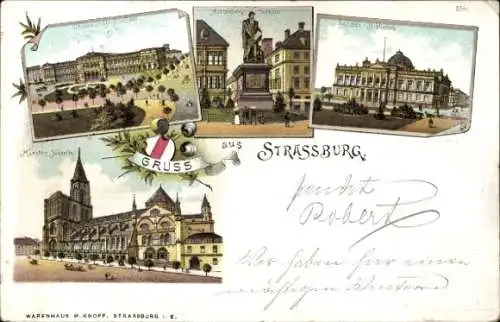 Ak Straßburg Elsass Bas Rhin, Münster Südseite, Landesbibliothek, Universität, Gutenberg-Denkmal