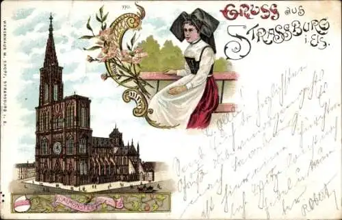 Litho Strasbourg Straßburg Elsass Bas Rhin, Münster, Elsässerin in Tracht