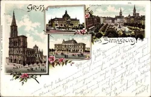 Litho Strasbourg Straßburg Elsass Bas Rhin, Kleber Platz, Kaiserpalast, Landesausschussgebäude