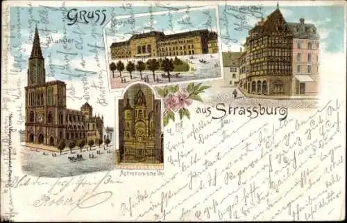 Ak Straßburg Elsass Bas Rhin, Münster, Bahnhof, Astronomische Uhr, altes Haus