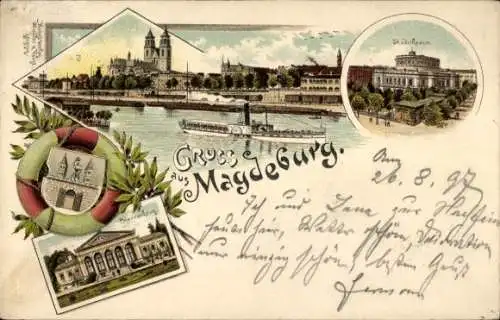 Litho Magdeburg, Dom, Panorama, Stadttheater, Herrenkrug, Wappen