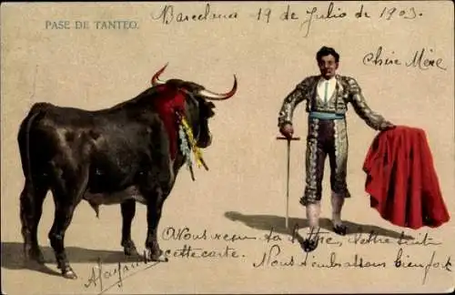 Litho Stierkampfszene, Bullfighter mit rotem Umhang