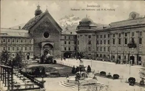 Ak Innsbruck in Tirol, Rennplatz, Hofkirche, k. k. Hofburg, Erzherzog Leopold Brunnen