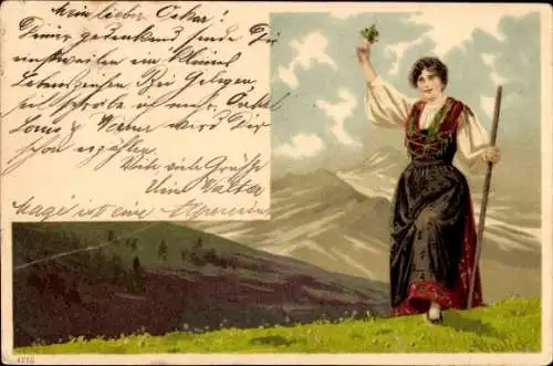 Künstler Litho Mailick, Frau in Tracht, Berge, Blumen, Gehstock