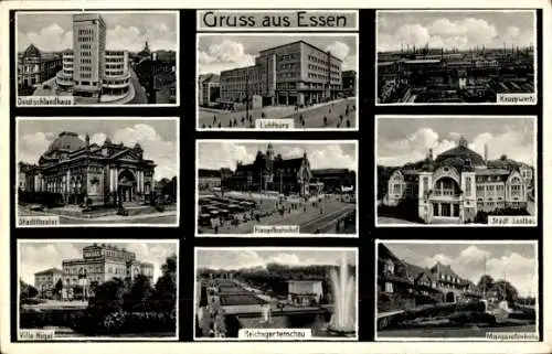 Ak Essen im Ruhrgebiet, Lichtburg, Deutschlandhaus, Kruppwerke, Bahnhof, Theater, Saalbau