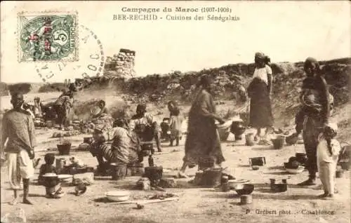 Ak Marokko, Bar Rechid, Küchen der Senegalesen, Marokko-Feldzug 1907