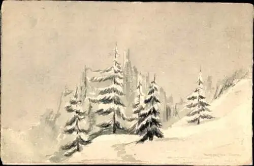 Handgemalt Ak Tannenbäume, Schnee, Winter