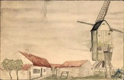 Handgemalt Künstler Ak Windmühle, Wohnhäuser