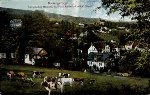 Ak Marienthal Szklarska Poręba Schreiberhau Riesengebirge Schlesien, Hotel Lindenhof und Kirche