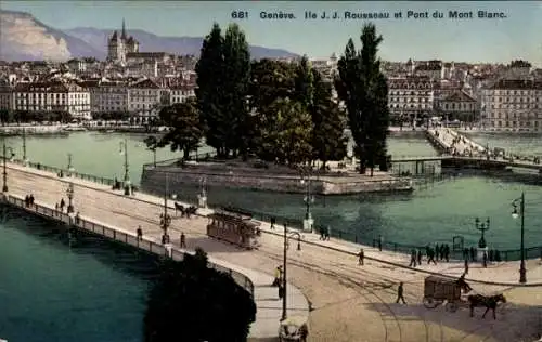 Ak Genf Genf Schweiz, Ile JJ Rousseau und Pont du Mont Blanc