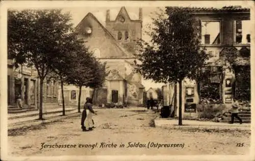 Ak Działdowo Soldau Ostpreußen, Zerschossene evangelische Kirche, 1. WK