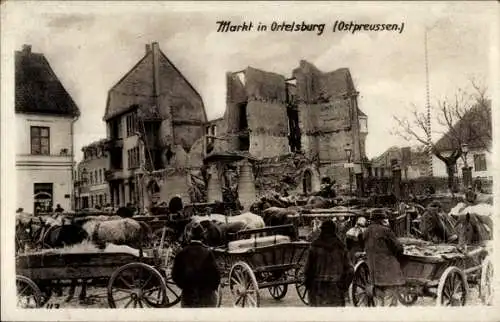 Ak Szczytno Ortelsburg Ostpreußen, Ruinen am Markt, Fuhrwerke, Ostpreußenhilfe