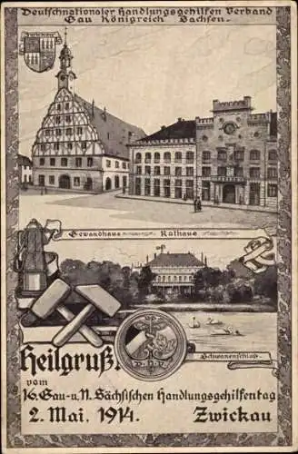 Ak Zwickau, 16. Gau- u. 11. Sächs. Handlungsgehilfentag 1914, Gewandhaus, Rathaus, Schwanenschloss