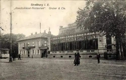 Ak Straßburg Elsass Bas Rhin, Baeckehiesel Restaurant, Straßenbahn