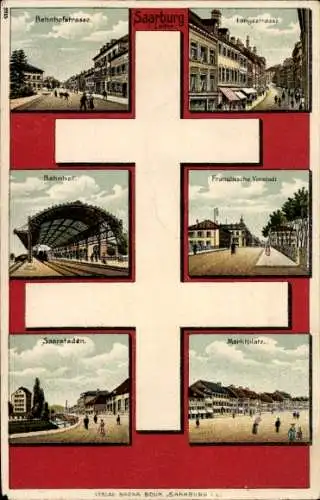 Litho Sarrebourg Saarburg Lothringen Moselle, Bahnhofstraße, Langestraße, Bahnhof, Markt