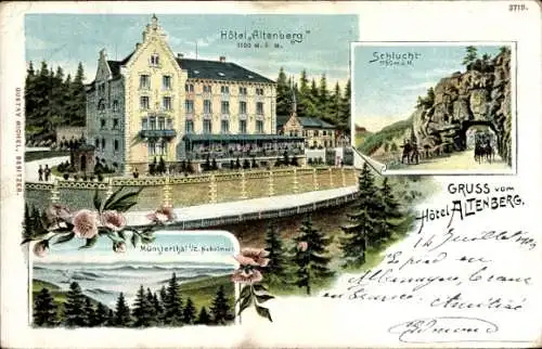 Litho Münstertal Elsaß Haut Rhin, Hotel Altenberg, Schlucht, Nebelmeer