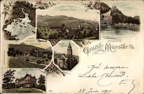 Litho Munster Münster Elsass Haut Rhin, Panorama, Hotel Münster, Spitzenköpfe, Kirche