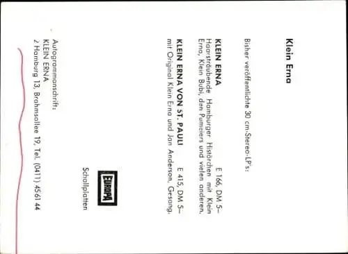 Ak Sängerin Klein Erna, Portrait, Autogramm