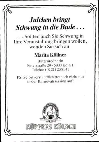 Ak Schauspielerin Marita Köllner, Portrait als Et fussig Julchen, Autogramm