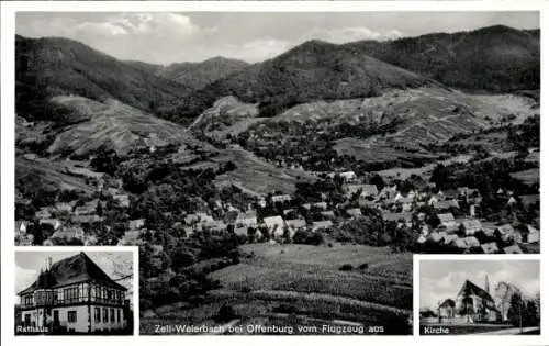 Ak Zell Weierbach Offenburg am Schwarzwald, Gesamtansicht, Rathaus, Kirche, Fliegeraufnahme