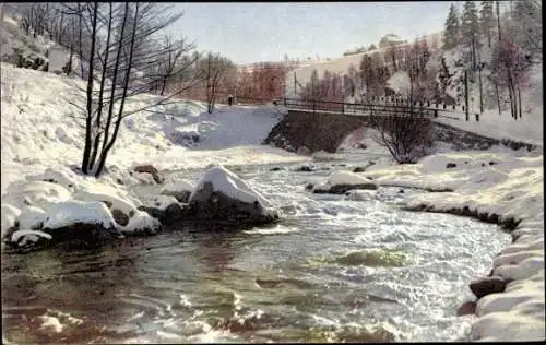 Ak Dresden Cotta, Winteridyll an der Weiperitz mit Blick zu einer Brücke