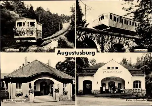 Ak Augustusburg im Erzgebirge, Drahtseilbahn, Station Augustusburg, Station Erdmannsdorf