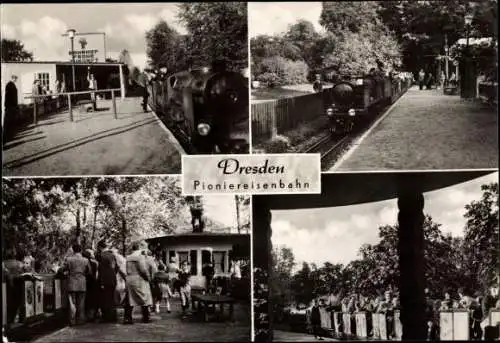 Ak Dresden, Großer Garten, Pioniereisenbahn, Dampflokomotive, Bahnhof Frohe Zukunft, Fahrgäste