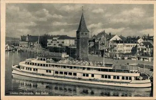 Ak Lindau am Bodensee Schwaben, Dampfschiff, Hafen, Hotel