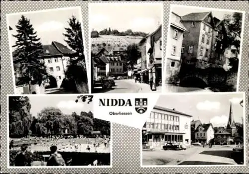 Passepartout Ak Nidda in der hessischen Wetterau, Freibad, Stadtmühle, Sparkasse, Hermann Schneider