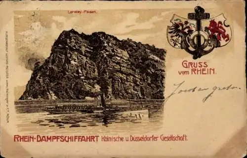 Wappen Litho St. Goarshausen im Rhein Lahn Kreis, Loreley Felsen, Rhein Dampfschifffahrt