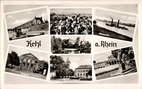 Ak Kehl am Rhein Ortenaukreis Baden Württemberg, Rheinbrücke, Bahnhof, Rathaus, Dampfer