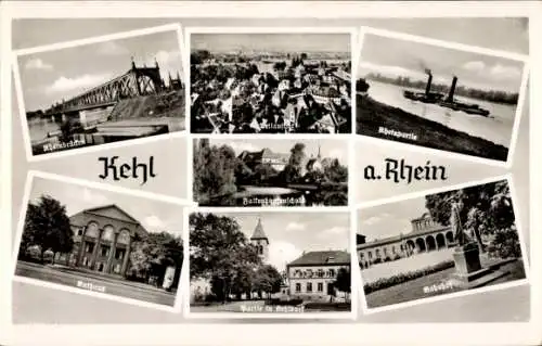 Ak Kehl am Rhein Ortenaukreis Baden Württemberg, Rheinbrücke, Bahnhof, Rathaus, Dampfer