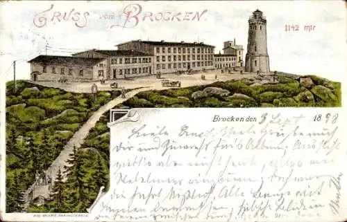 Litho Brocken Nationalpark Harz, Aussichtsturm, Brockenhotel