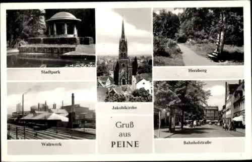 Ak Peine in Niedersachsen, Stadtpark, Jakobikirche, Walzwerk, Herzberg, Bahnhofstrasse