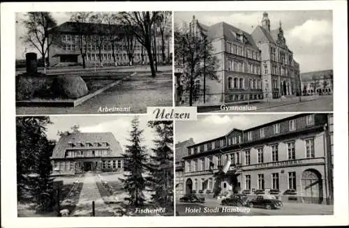 Ak Uelzen in Niedersachsen, Arbeitsamt, Fischerhof, Herzog Ernst Schule, Hotel Stadt Hamburg