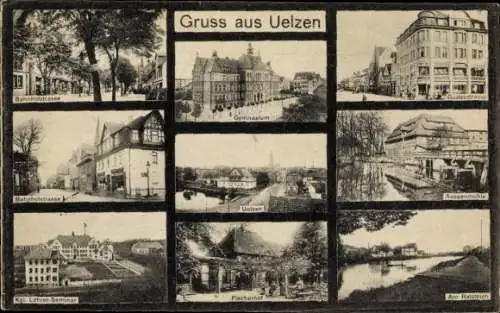 Ak Uelzen in Niedersachsen, Kgl. Lehrerseminar, Fischerhof, Gymnasium, Aussenmühle, Bahnhofstraße