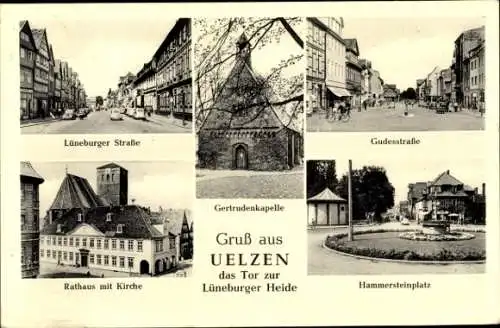 Ak Uelzen in Niedersachsen, Gertrudenkapelle, Rathaus, Kirche, Strassenansicht