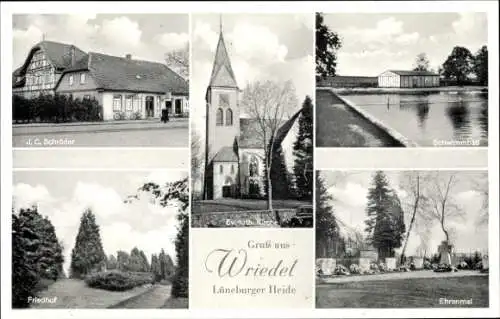 Ak Wriedel in der Lüneburger Heide, Ehrenmal, Schwimmbad, Kirche, Friedhof