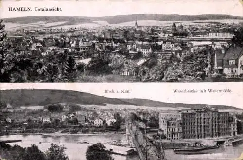 Ak Hameln an der Weser Niedersachsen, Totale, Blick z. Klüt, Weserbrücke, Wesermühle