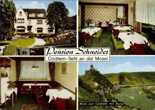 Ak Sehl Cochem an der Mosel, Pension Schneider, Außen- u. Innenansicht, Panorama vom Ort mit Burg