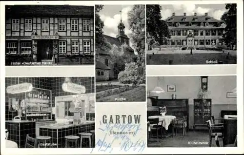 Ak Gartow in Niedersachsen, Hotel Deutsches Haus, Kirche, Schloss, Gaststube