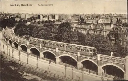 Ak Hamburg Nord Barmbek, Hochbahnstrecke, Hochbahn in Fahrt