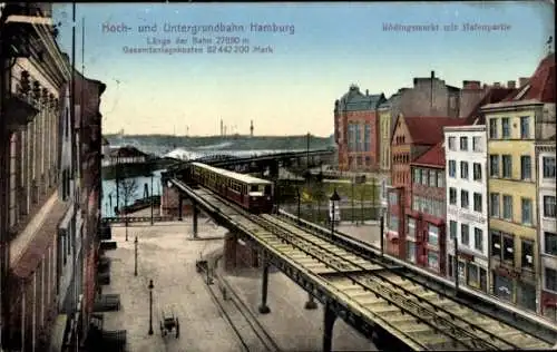 Ak Hamburg Mitte Altstadt, Hoch und Untergrundbahn, Rödingsmarkt mit Hafenpartie