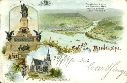 Litho Bingen am Rhein, Stadtpanorama, Kapelle, Nationaldenkmal