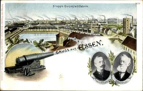 Litho Essen im Ruhrgebiet, Krupp's Gussstahlfabrik, Friedrich Alfred Krupp, Alfred Krupp, Kanone