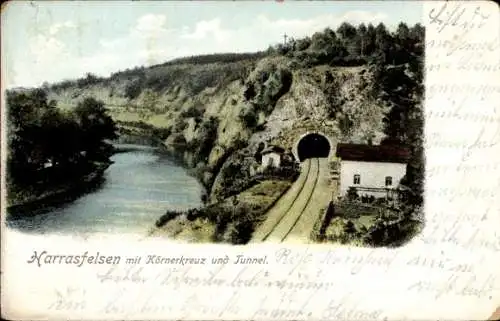 Ak Braunsdorf Niederwiesa Sachsen, Harrasfelsen im Zschopautal, Körnerkreuz, Tunnel