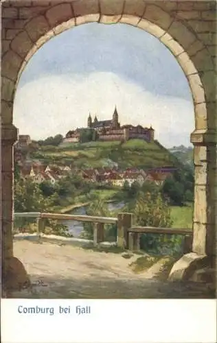 Künstler Ak Schmidt, G., Comburg Schwäbisch Hall, Blick zur Comburg durch Tor