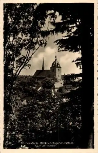 Ak Mittweida in Sachsen, Durchblick von der Ingenieurschule nach der Kirche