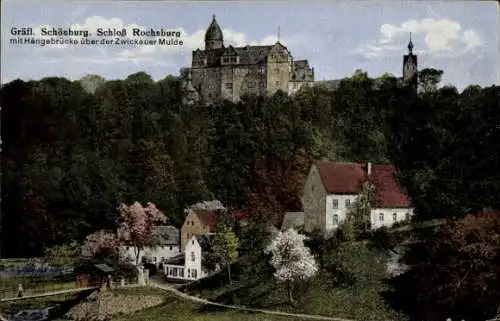 Ak Rochsburg Lunzenau in Sachsen, Schloss, Hängebrücke über Zwickauer Mulde