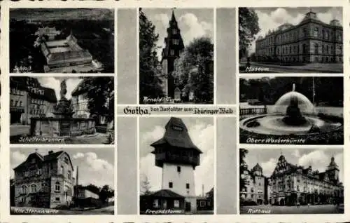 Ak Gotha in Thüringen, Schloss, Arnolditurm, Museum, Freundsturm, Rathaus, Alte Sternwarte